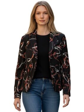 Maralyce Ferree Black Patterned Notch-Collar Blazer with Red and Cream Swirl
